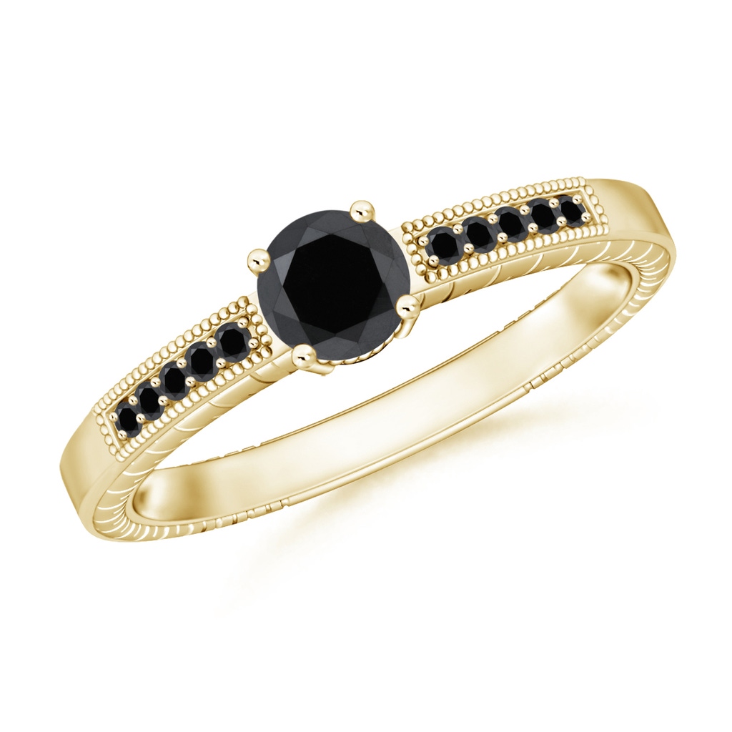 5mm AA Round Black Diamond Solitaire Ring with Milgrain in Yellow Gold