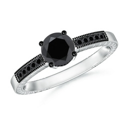 6.2mm AA Round Black Diamond Solitaire Ring with Milgrain in White Gold