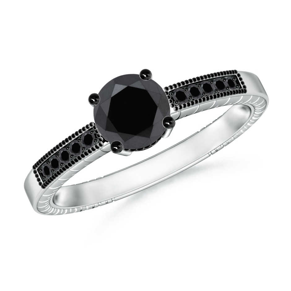 6.2mm AA Round Black Diamond Solitaire Ring with Milgrain in White Gold 