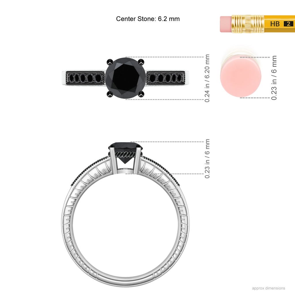 6.2mm AA Round Black Diamond Solitaire Ring with Milgrain in White Gold Ruler