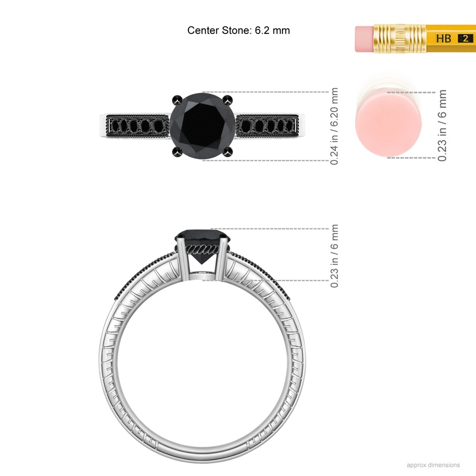 6.2mm AA Round Black Diamond Solitaire Ring with Milgrain in White Gold ruler