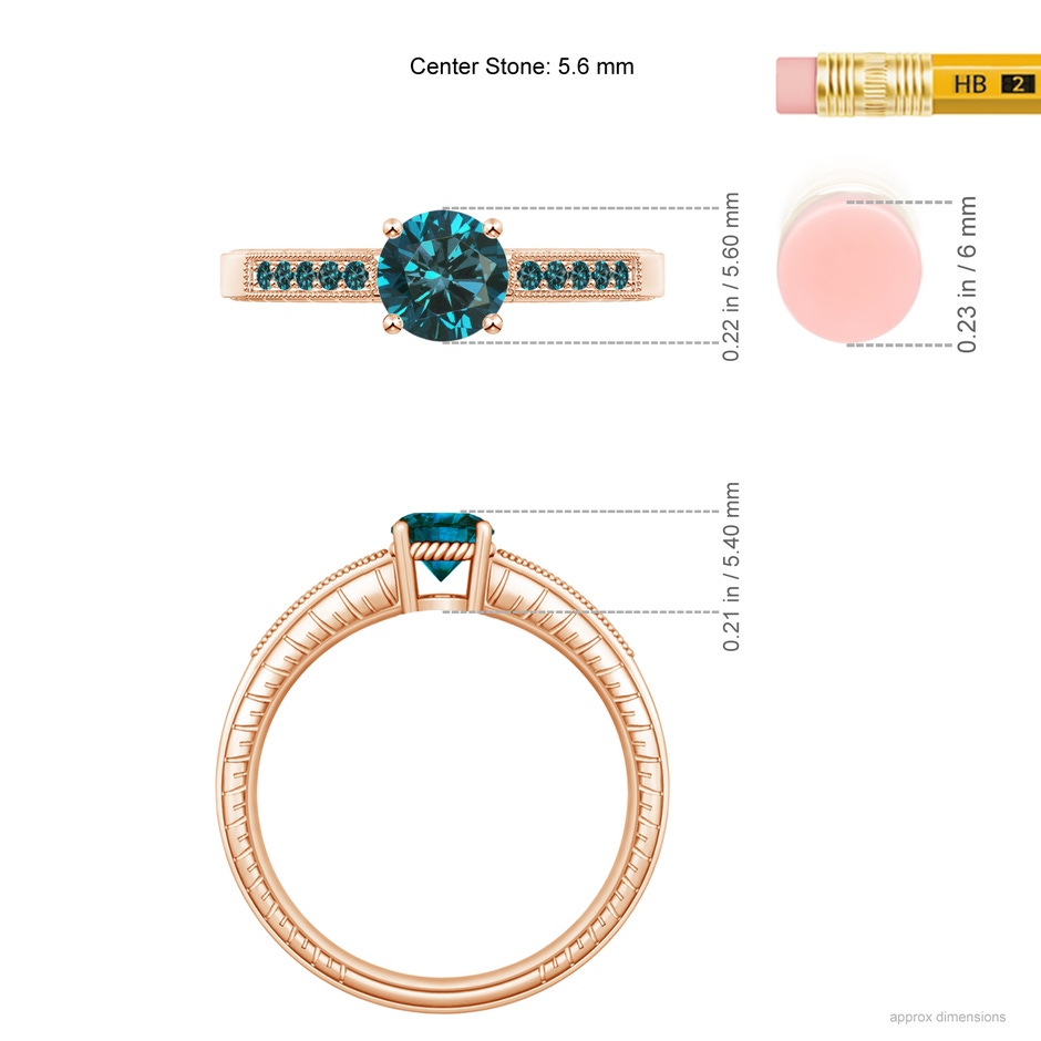 5.6mm AA Round Blue Diamond Solitaire Ring with Milgrain in Rose Gold ruler