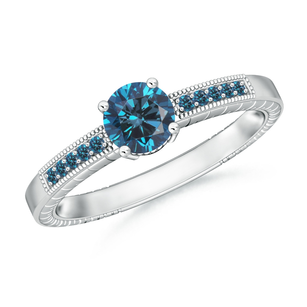 5.6mm AAA Round Blue Diamond Solitaire Ring with Milgrain in White Gold 