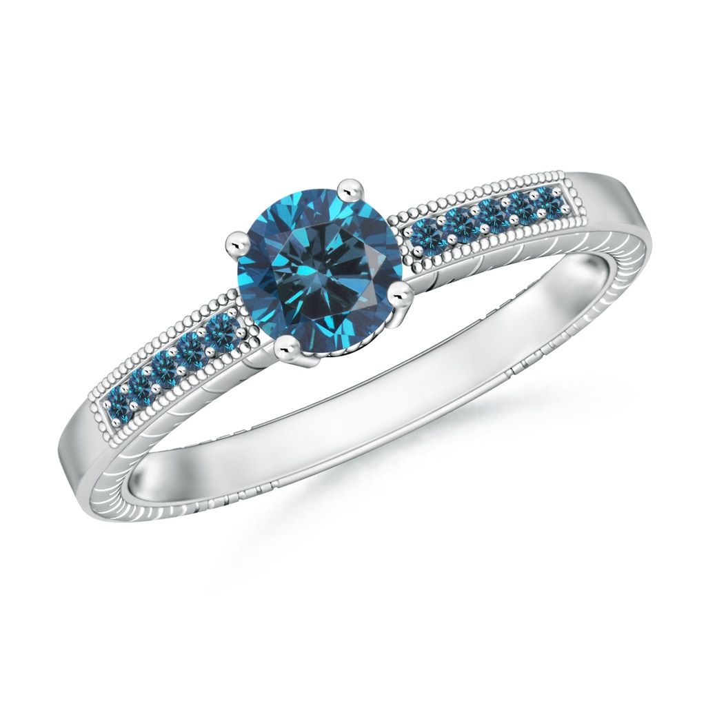 5.6mm AAA Round Blue Diamond Solitaire Ring with Milgrain in White Gold