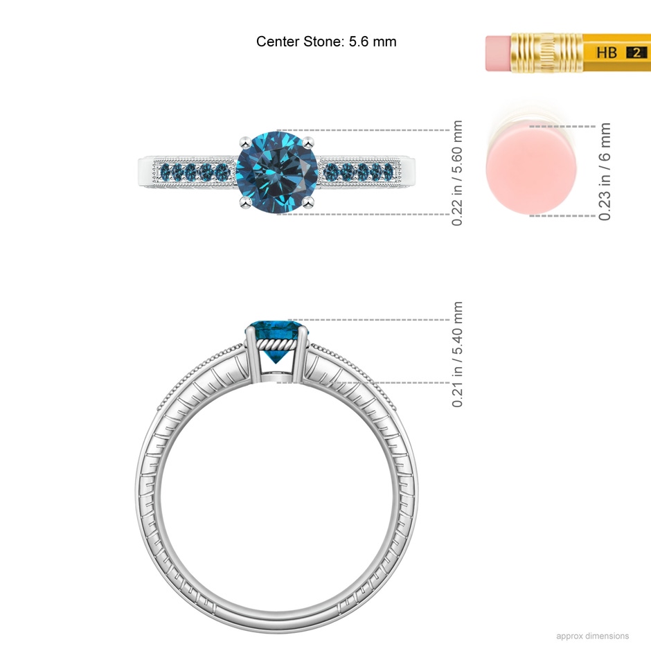 5.6mm AAA Round Blue Diamond Solitaire Ring with Milgrain in White Gold ruler