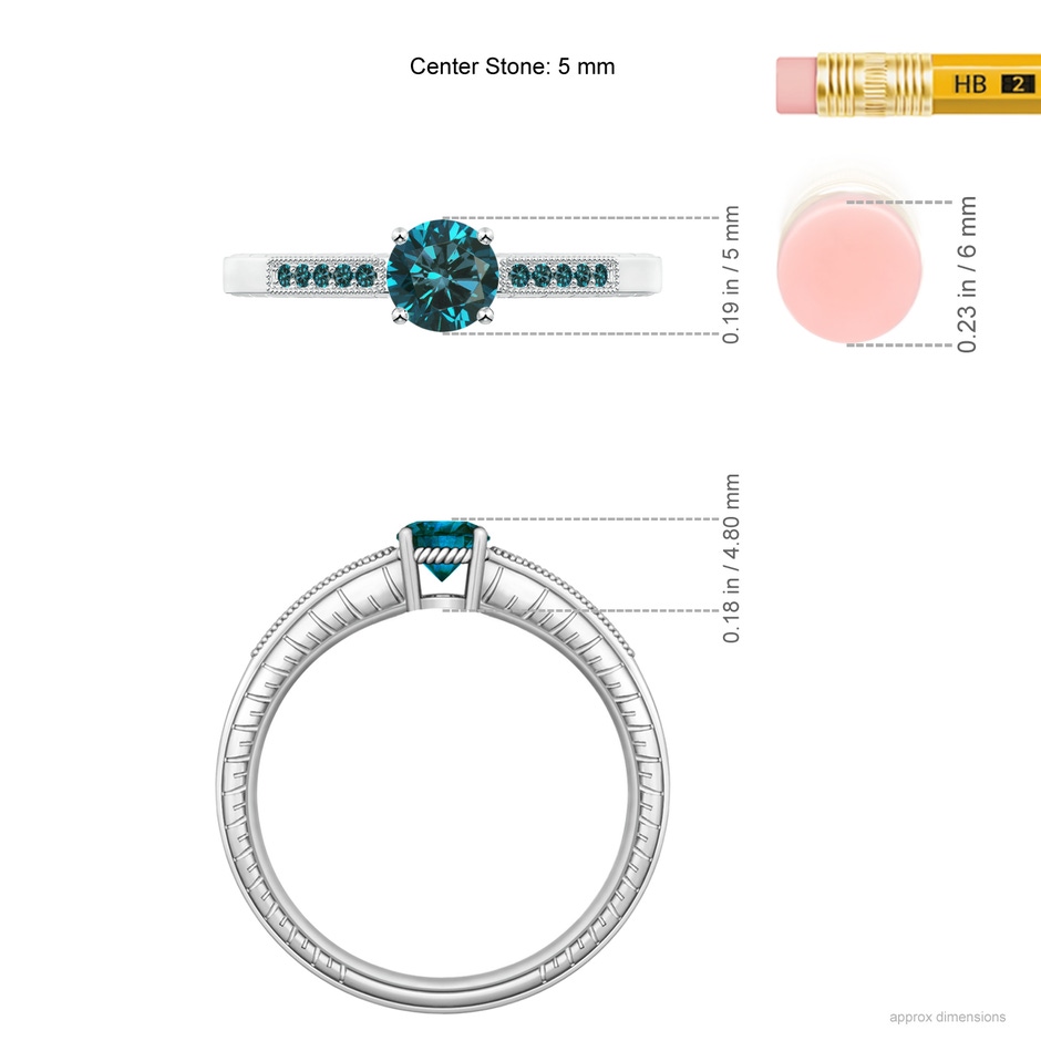 5mm AA Round Blue Diamond Solitaire Ring with Milgrain in P950 Platinum ruler