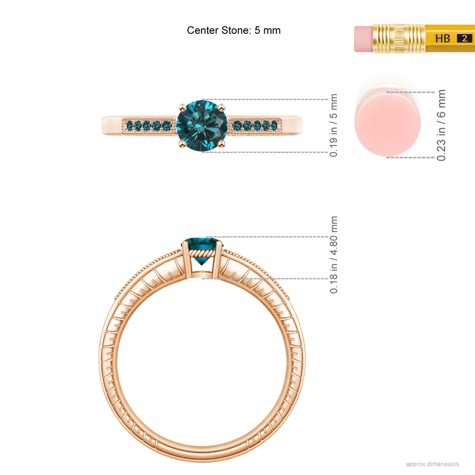 5mm AA Round Blue Diamond Solitaire Ring with Milgrain in Rose Gold ruler