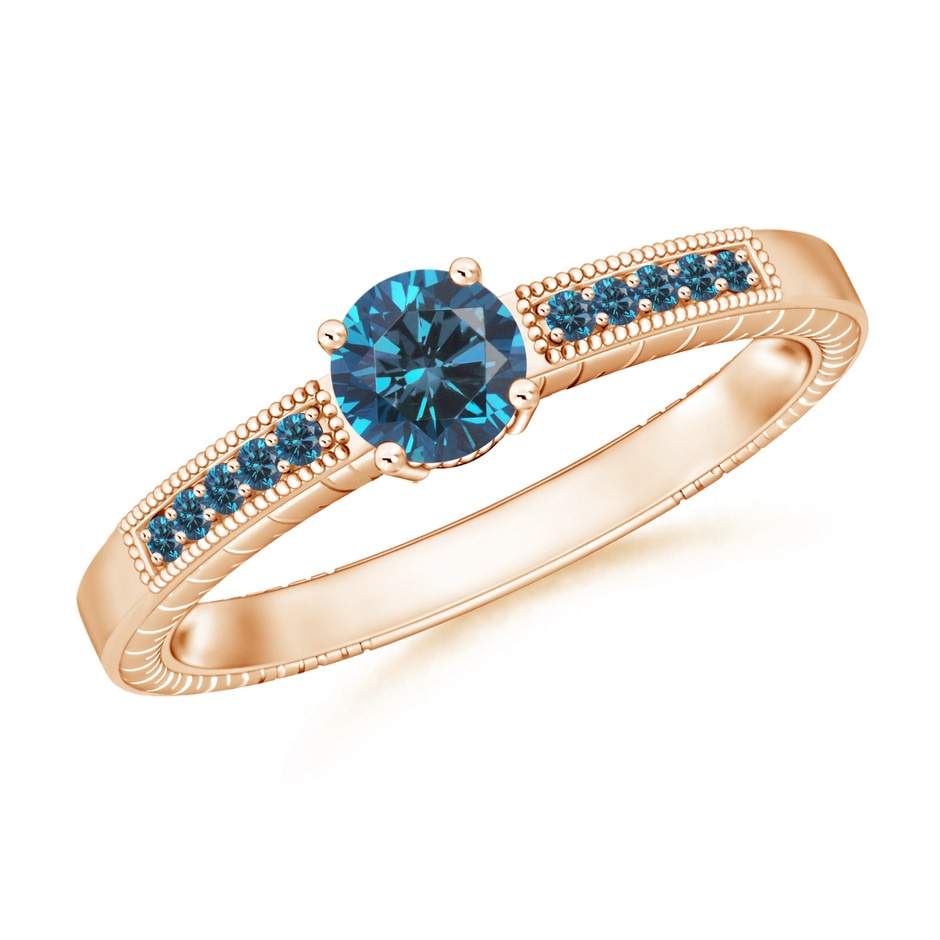 5mm AAA Round Blue Diamond Solitaire Ring with Milgrain in Rose Gold 