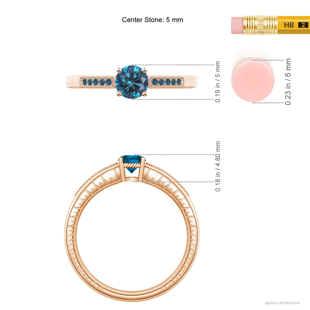 5mm AAA Round Blue Diamond Solitaire Ring with Milgrain in Rose Gold Ruler