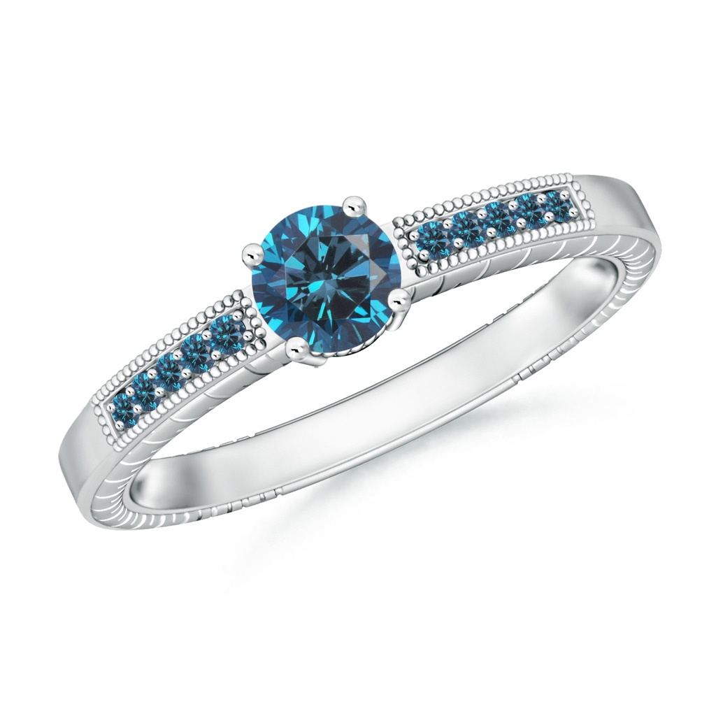 5mm AAA Round Blue Diamond Solitaire Ring with Milgrain in White Gold