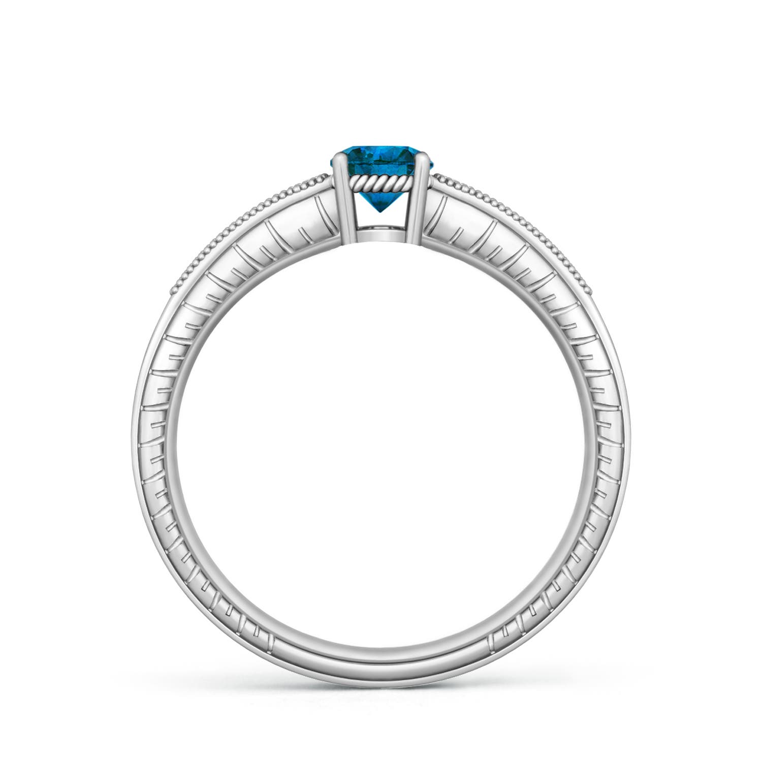 5mm AAA Round Blue Diamond Solitaire Ring with Milgrain in White Gold - side 2