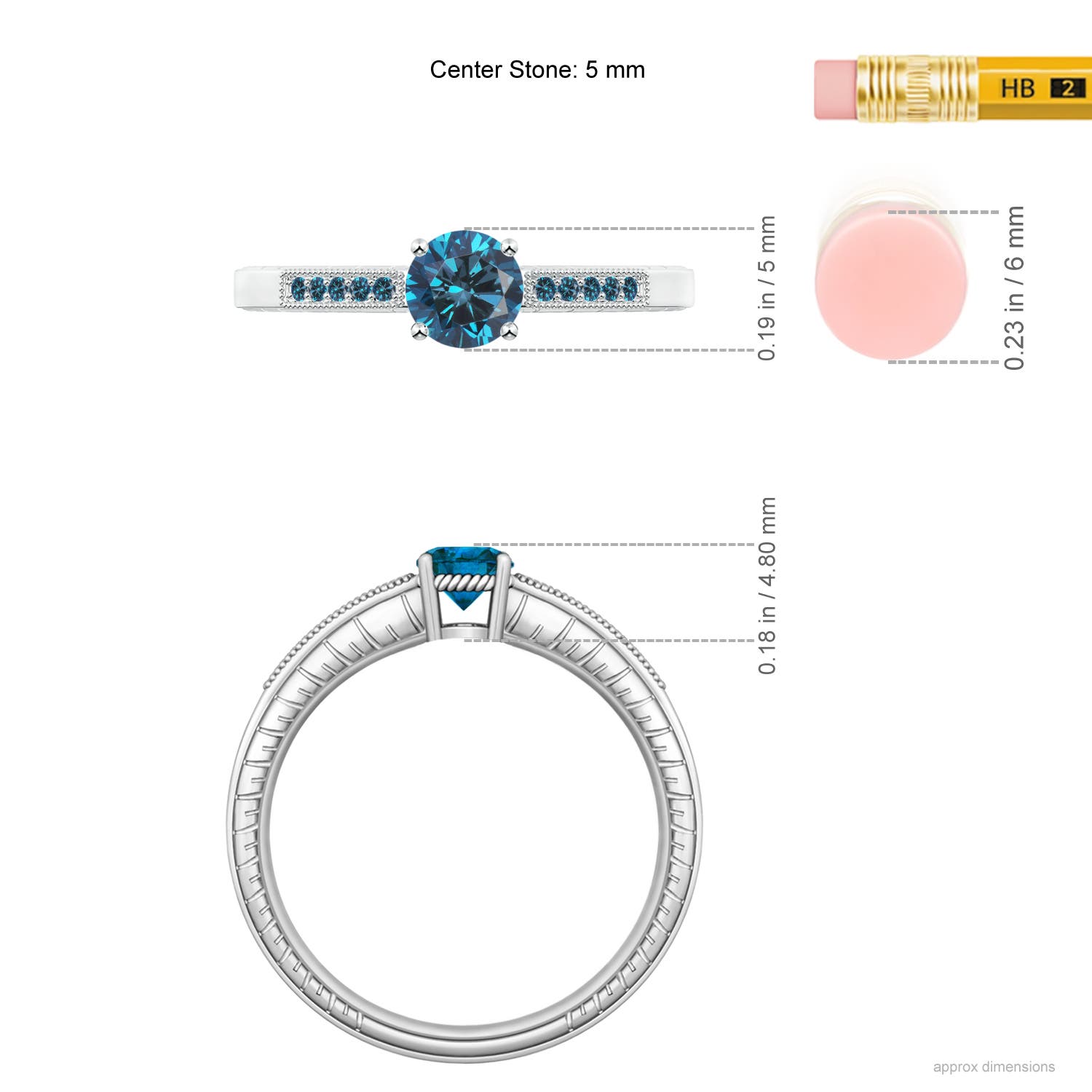 5mm AAA Round Blue Diamond Solitaire Ring with Milgrain in White Gold - ruler