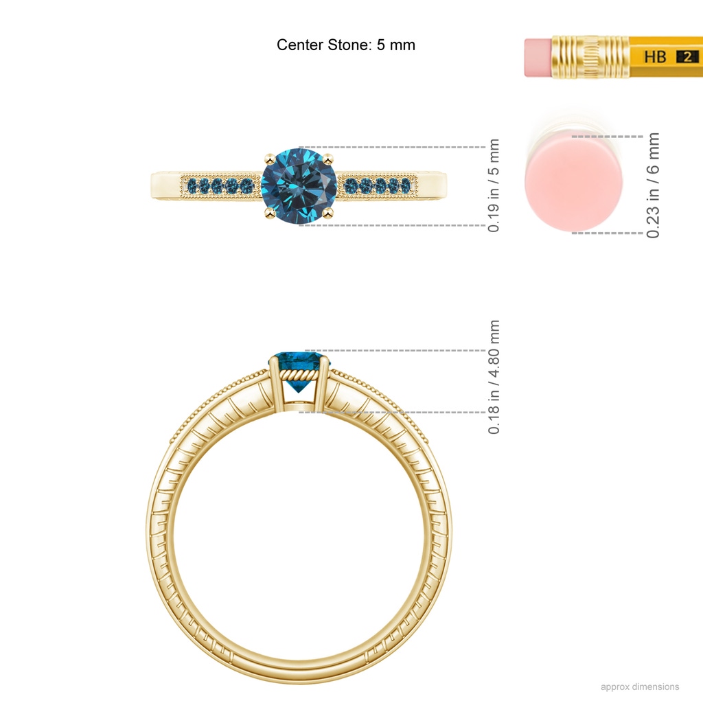 5mm AAA Round Blue Diamond Solitaire Ring with Milgrain in Yellow Gold Ruler