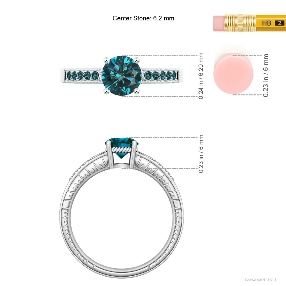 6.2mm AA Round Blue Diamond Solitaire Ring with Milgrain in White Gold ruler