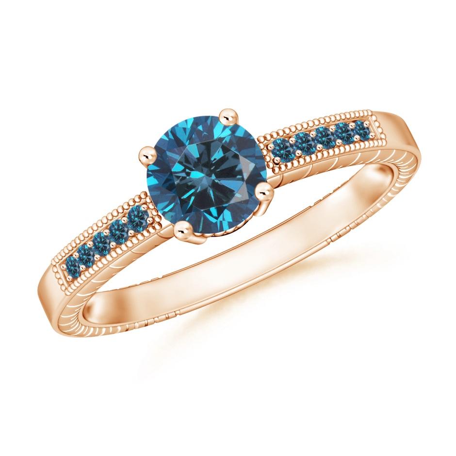 6.2mm AAA Round Blue Diamond Solitaire Ring with Milgrain in Rose Gold 