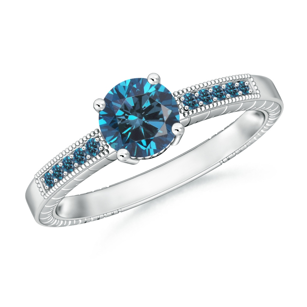 6.2mm AAA Round Blue Diamond Solitaire Ring with Milgrain in White Gold