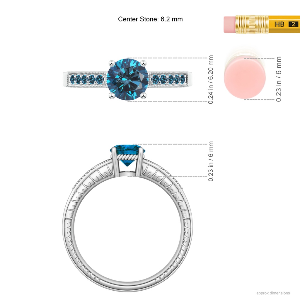 6.2mm AAA Round Blue Diamond Solitaire Ring with Milgrain in White Gold Ruler