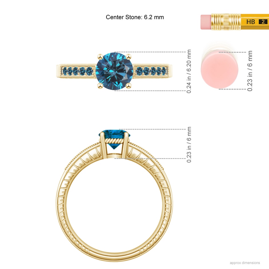 6.2mm AAA Round Blue Diamond Solitaire Ring with Milgrain in Yellow Gold ruler