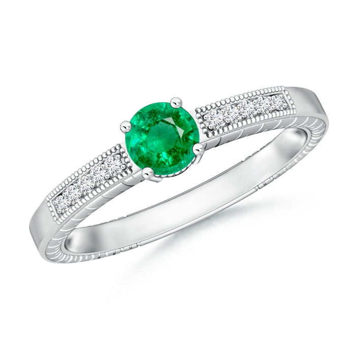 5mm AAA Round Emerald Solitaire Ring with Milgrain in White Gold