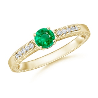 5mm AAA Round Emerald Solitaire Ring with Milgrain in Yellow Gold