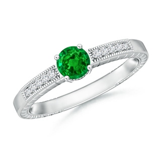 5mm AAAA Round Emerald Solitaire Ring with Milgrain in White Gold