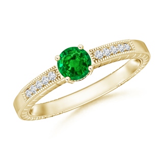 5mm AAAA Round Emerald Solitaire Ring with Milgrain in Yellow Gold
