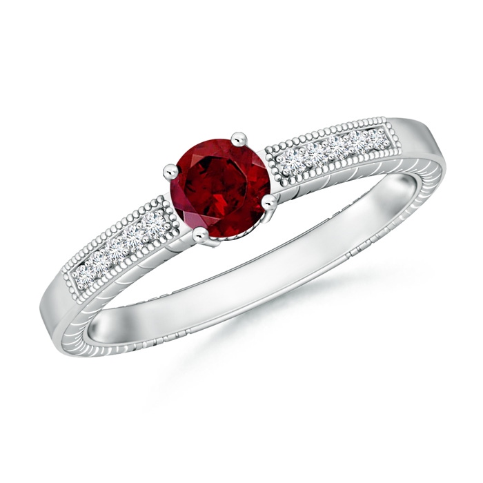 5mm AAA Round Garnet Solitaire Ring with Milgrain in White Gold