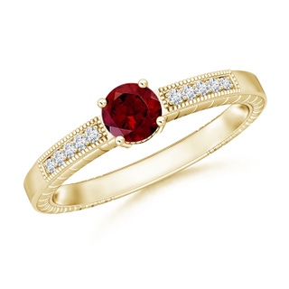 5mm AAA Round Garnet Solitaire Ring with Milgrain in Yellow Gold