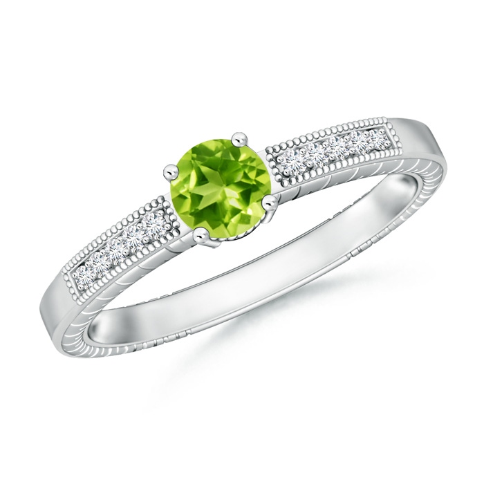 5mm AAA Round Peridot Solitaire Ring with Milgrain in White Gold