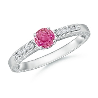 5mm AAA Round Pink Sapphire Solitaire Ring with Milgrain in White Gold