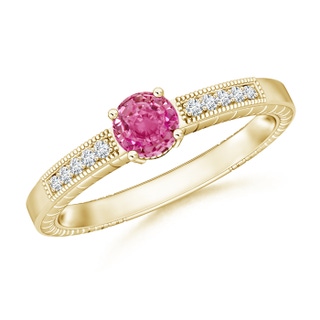 5mm AAA Round Pink Sapphire Solitaire Ring with Milgrain in Yellow Gold