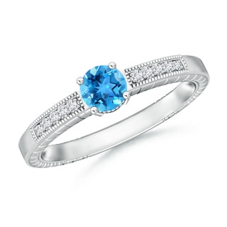 5mm AAA Round Swiss Blue Topaz Solitaire Ring with Milgrain in 9K White Gold