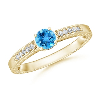 5mm AAA Round Swiss Blue Topaz Solitaire Ring with Milgrain in 9K Yellow Gold