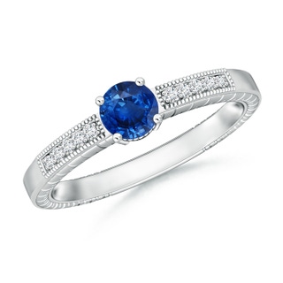 5mm AAA Round Sapphire Solitaire Ring with Milgrain in White Gold