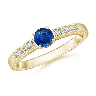5mm AAA Round Sapphire Solitaire Ring with Milgrain in Yellow Gold