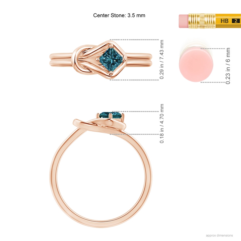 3.5mm AA Princess-Cut Solitaire Blue Diamond Infinity Knot Ring in Rose Gold ruler
