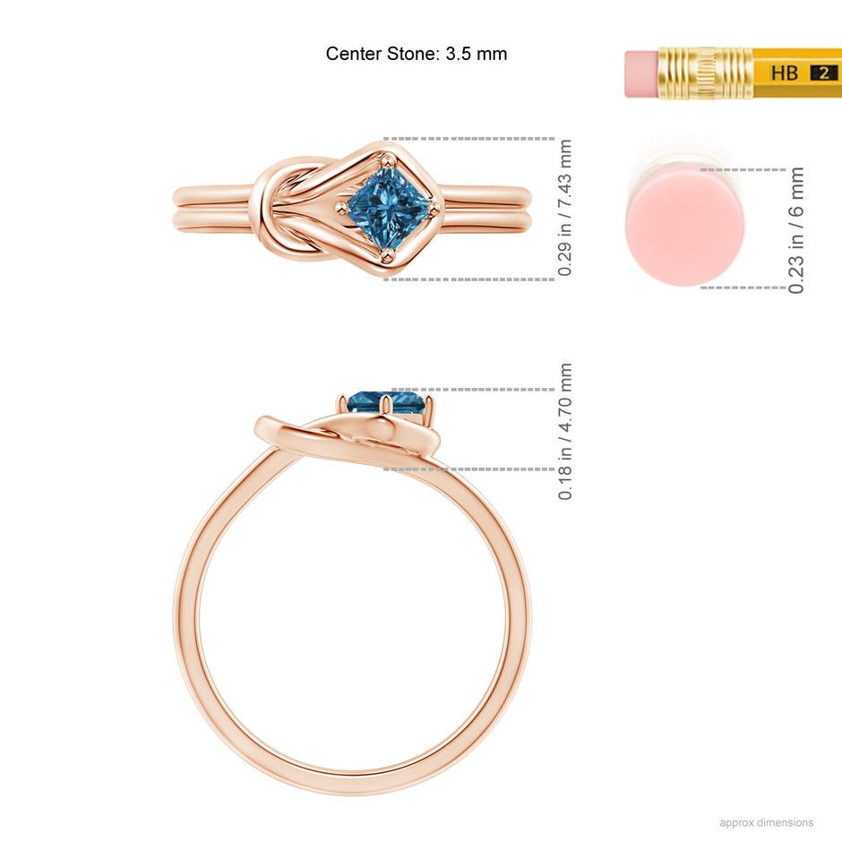 3.5mm AAA Princess-Cut Solitaire Blue Diamond Infinity Knot Ring in Rose Gold ruler