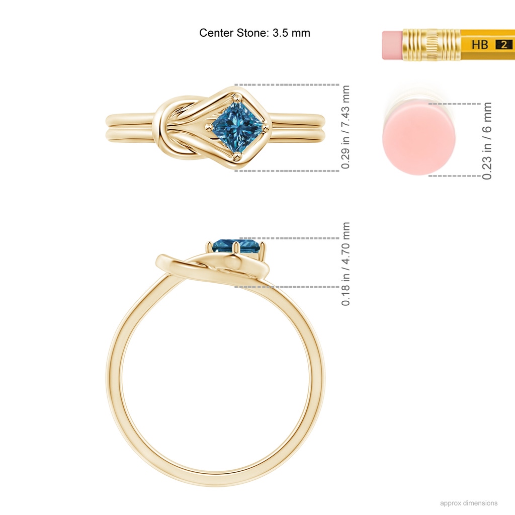 3.5mm AAA Princess-Cut Solitaire Blue Diamond Infinity Knot Ring in Yellow Gold Ruler