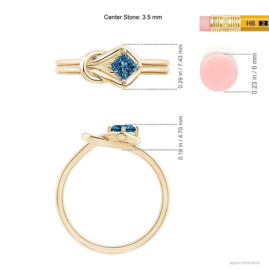 3.5mm AAA Princess-Cut Solitaire Blue Diamond Infinity Knot Ring in Yellow Gold ruler