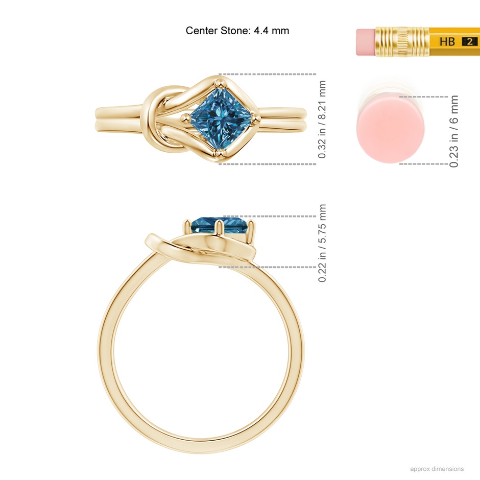 4.4mm AAA Princess-Cut Solitaire Blue Diamond Infinity Knot Ring in Yellow Gold ruler