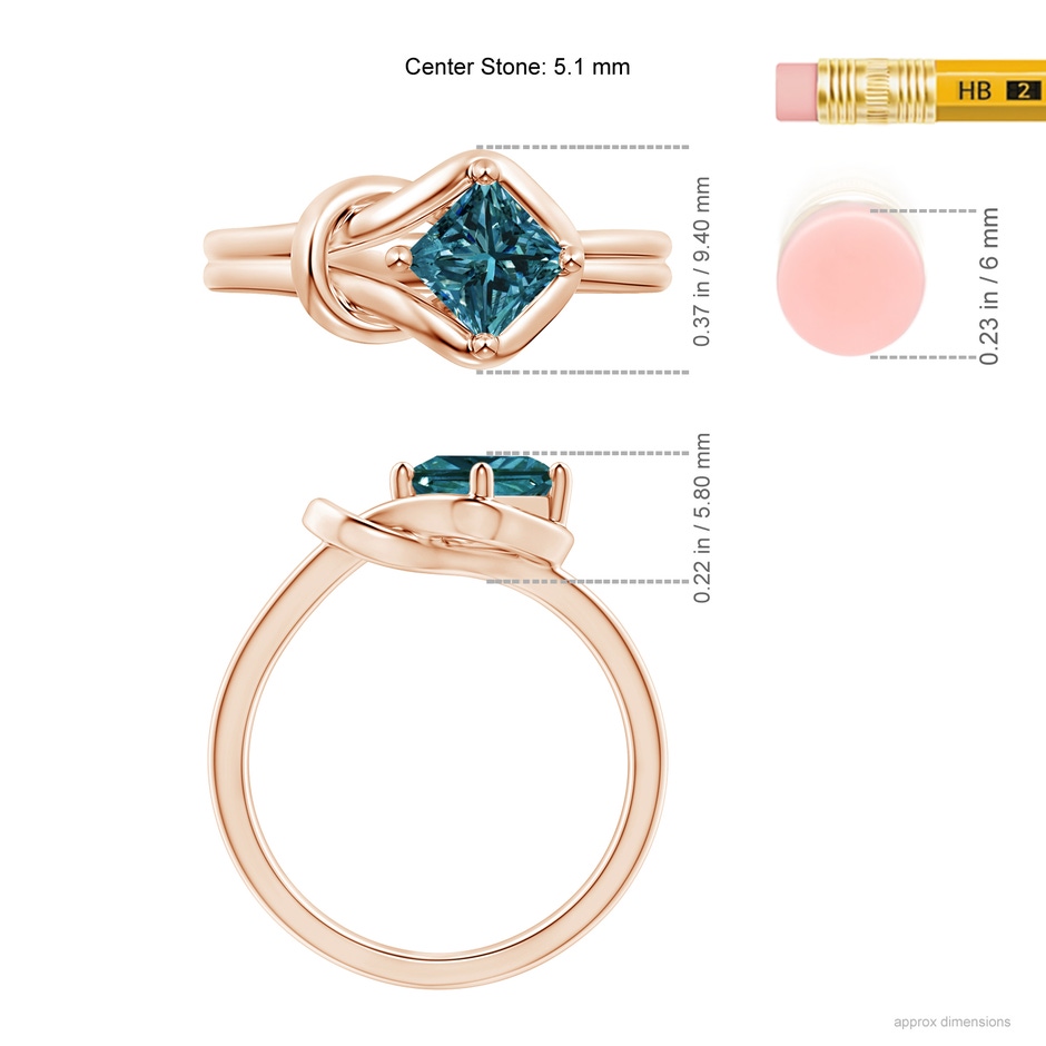 5.1mm AA Princess-Cut Solitaire Blue Diamond Infinity Knot Ring in Rose Gold ruler