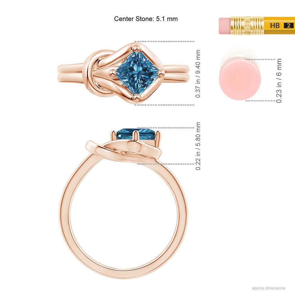 5.1mm AAA Princess-Cut Solitaire Blue Diamond Infinity Knot Ring in 9K Rose Gold ruler