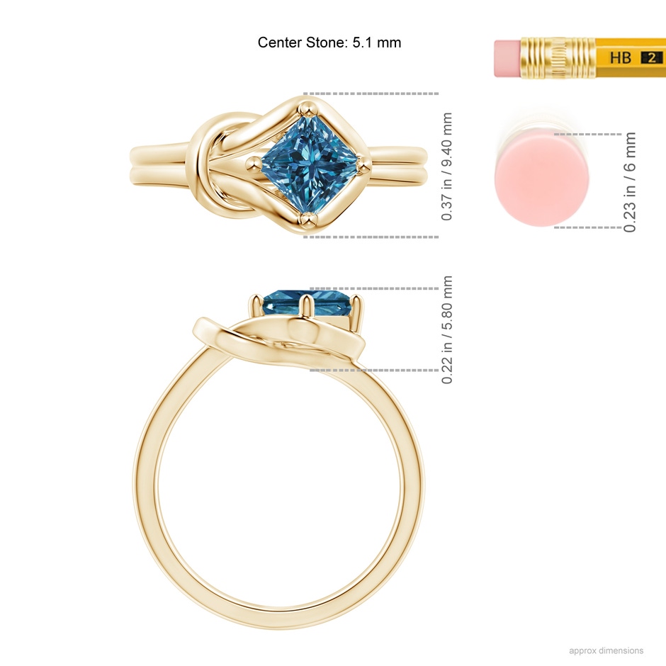 5.1mm AAA Princess-Cut Solitaire Blue Diamond Infinity Knot Ring in Yellow Gold ruler