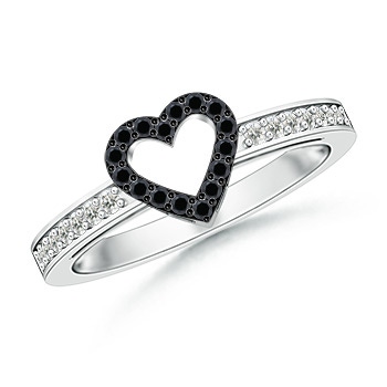 1mm AA Round Black Diamond Open Heart Ring in White Gold