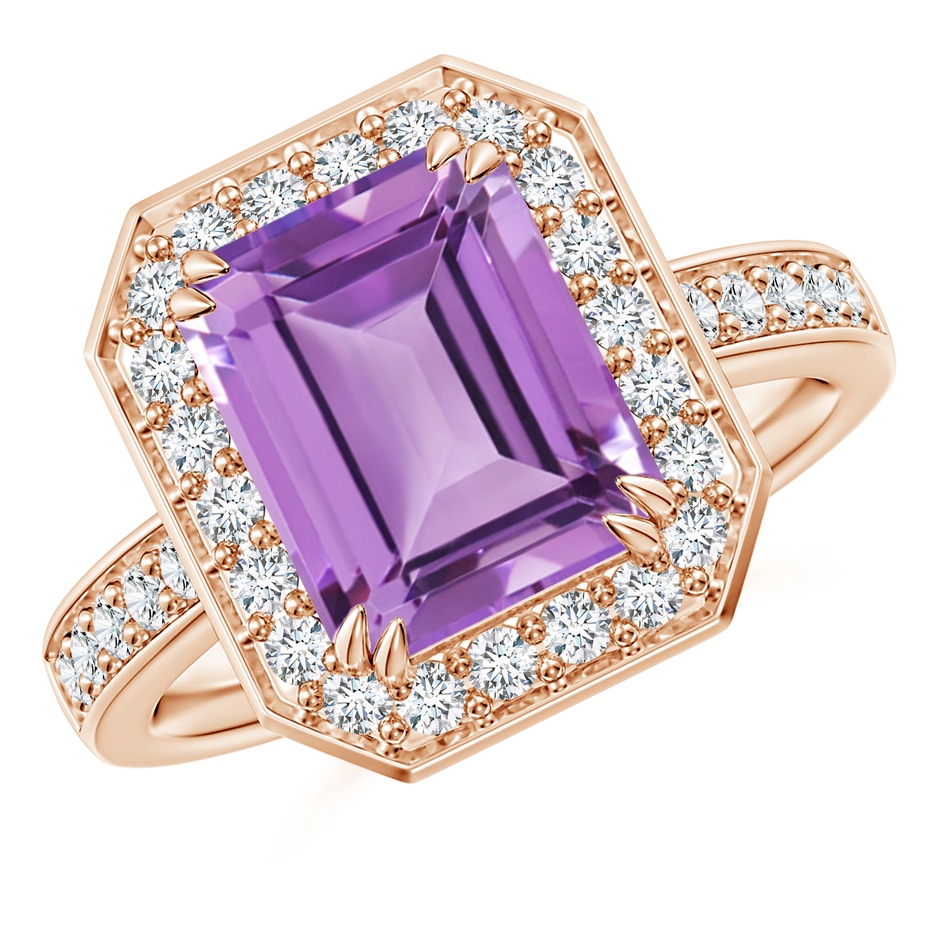 10x8mm A Emerald-Cut Amethyst Engagement Ring with Diamond Halo in Rose Gold 