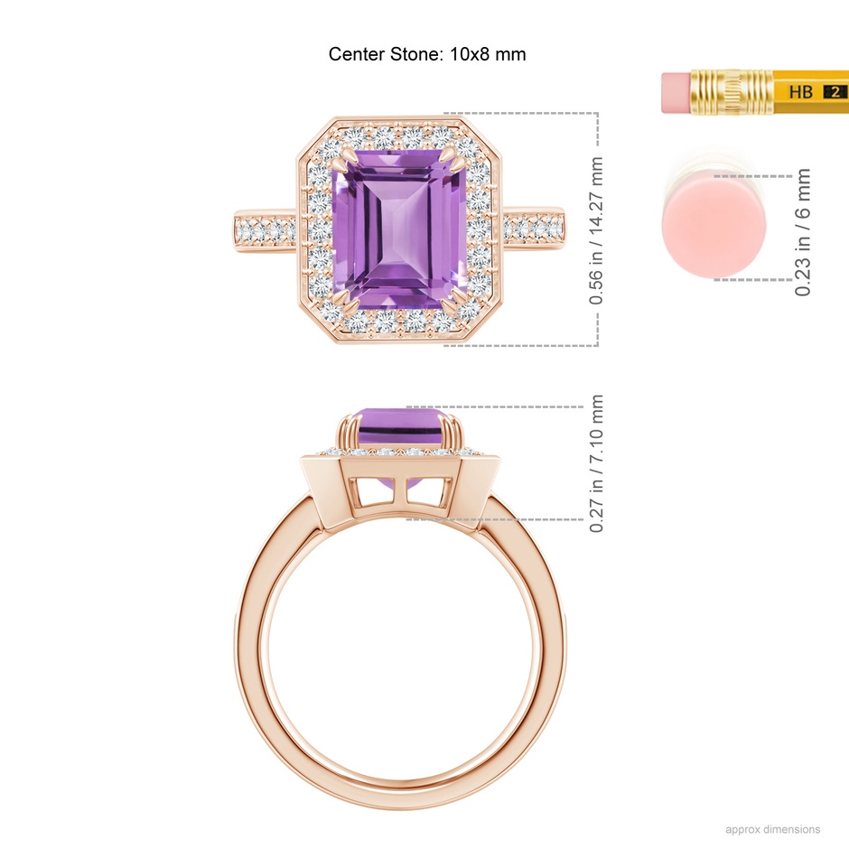 10x8mm A Emerald-Cut Amethyst Engagement Ring with Diamond Halo in Rose Gold ruler