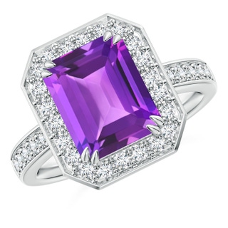 10x8mm AAA Emerald-Cut Amethyst Engagement Ring with Diamond Halo in 9K White Gold