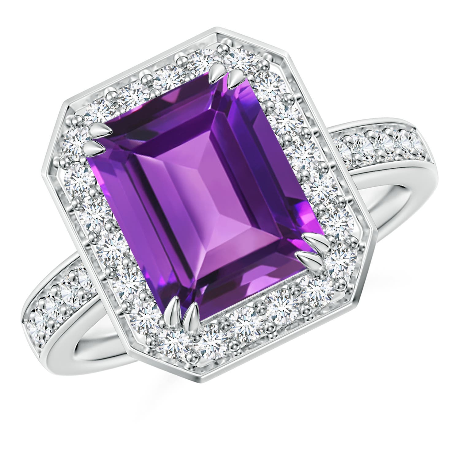 10x8mm AAAA Emerald-Cut Amethyst Engagement Ring with Diamond Halo in 18K White Gold