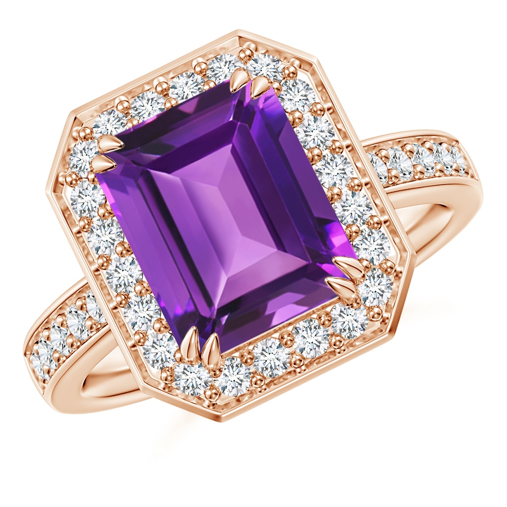 10x8mm AAAA Emerald-Cut Amethyst Engagement Ring with Diamond Halo in Rose Gold