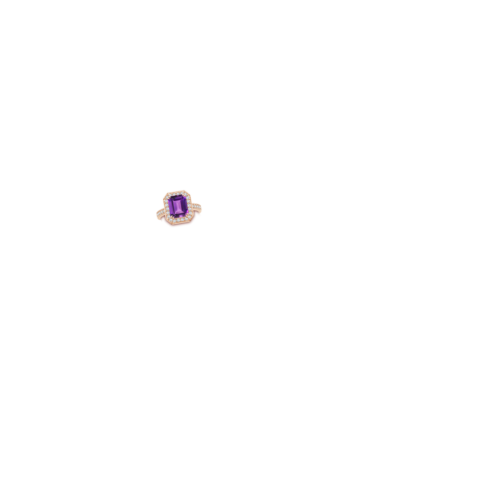 10x8mm AAAA Emerald-Cut Amethyst Engagement Ring with Diamond Halo in Rose Gold hand